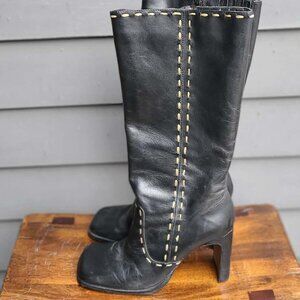Vintage Anne Klein 90's Square Toe Leather Boots with Stitching 7 1/2